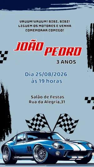 Convite de Aniversário Carro de Corrida Azul Editável
