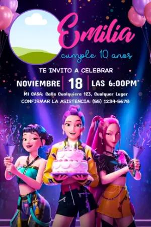 Invitación de Cumpleaños Las Guerreras K-Pop Modelo Editable