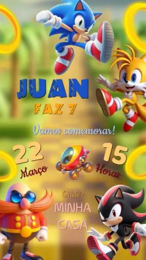Convite de Aniversário Sonic com a Turma para Editar Online