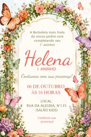 Convite Editável Aniversário Jardim das Borboletas Aquarela