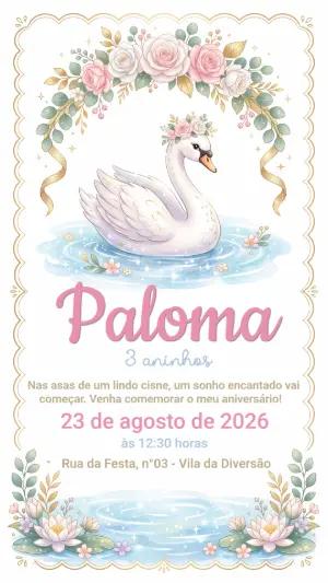 Convite de Aniversário Infantil Cisne Princesa Editável
