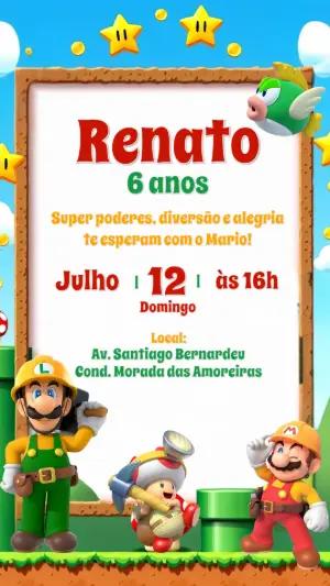 Convite de Aniversário Mario Bros Construtor para Editar Online