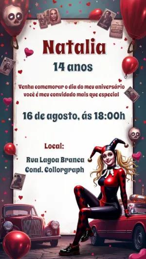 Convite Aniversário Arlequina para Editar Online