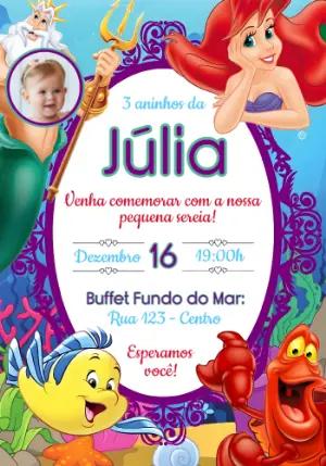 Convite de Aniversário Pequena Sereia com Foto para Editar com foto