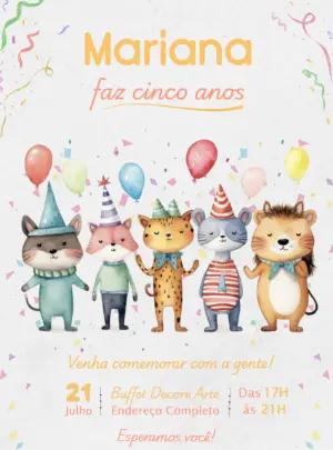 Convite Aniversário Infantil Bichinhos da Floresta Aquarela Editável