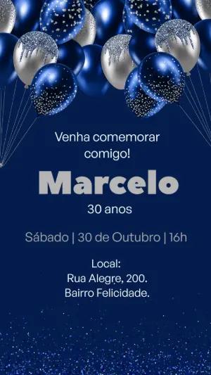Convite de Aniversário Masculino Azul e Prata Editável