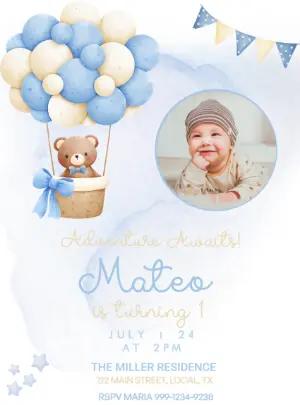Teddy Bear Hot Air Balloon Birthday Invitation Editable Template