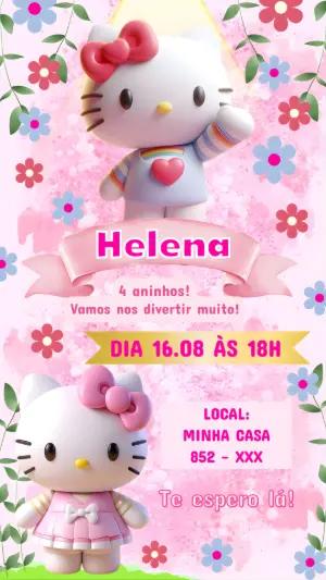 Convite de Aniversário Hello Kitty Rosa | Modelo Digital Editável