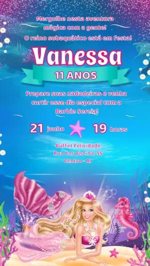 Convite de Aniversário Barbie Sereia Fundo do Mar Editável