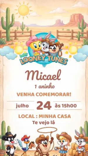 Convite de Aniversário Baby Looney Tunes Cowboy para Editar
