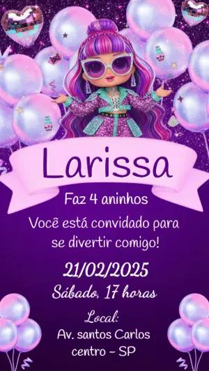 Convite de Aniversário Boneca Fashion Roxo com Brilho Editável