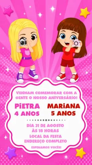 Convite Aniversário Duplo Aventureiras Rosa para Editar