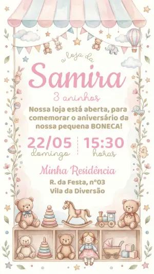 Convite de Aniversário Loja de Brinquedos Aquarela Editável