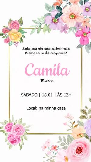 Convite de 15 Anos Floral com Aquarela para Editar Online