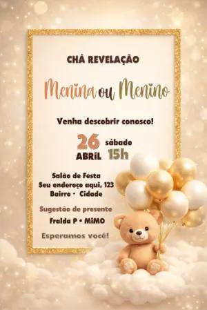 Convite Chá Revelação Ursinho Dourado e Branco Editável