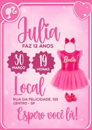Convite de Aniversário Barbie Rosa com Glitter para Editar