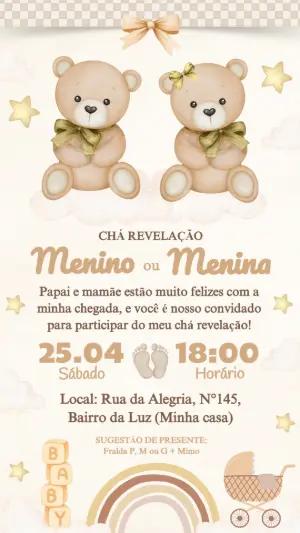 Convite Chá Revelação Ursinhos Aquarela Neutro para Editar