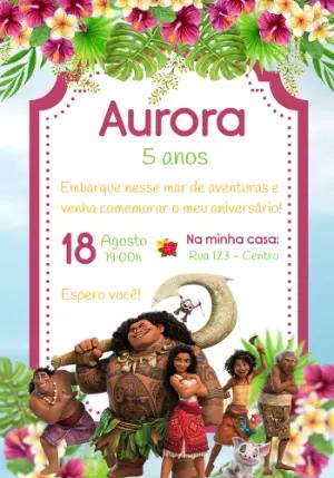Convite Aniversário Moana com Personagens para Editar Online