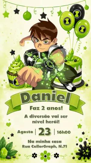 Convite de Aniversário Ben 10 Verde e Preto Modelo Editável