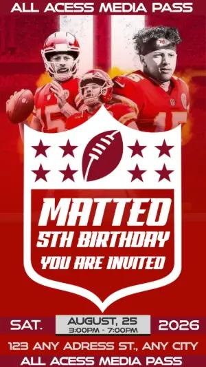 American Football Media Pass Birthday Invite Patrick Mahomes