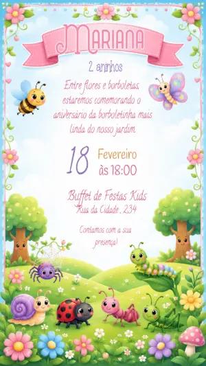 Convite de Aniversário Jardim das Borboletas Modelo Editável