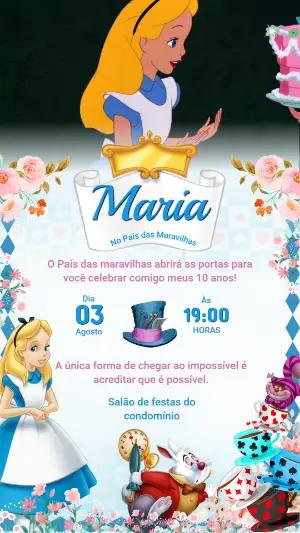 Convite Animado Aniversário Alice no País das Maravilhas para Editar