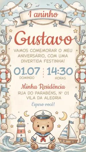 Convite de Aniversário Ursinho Marinheiro Editável