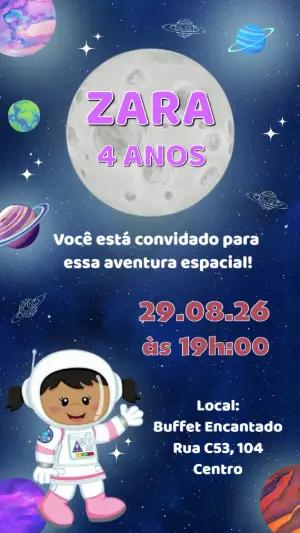 Convite de Aniversário Astronauta Menina Espacial Editável