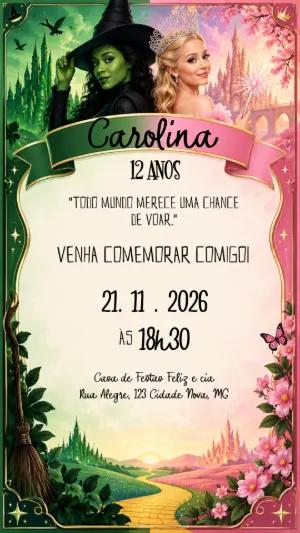 Convite de Aniversário Wicked Editável | Verde e Rosa