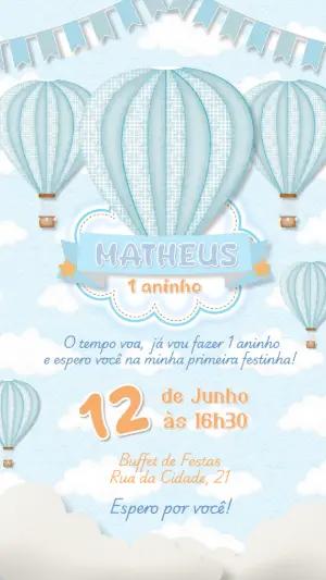 Convite Aniversário Balão Azul para Editar Online