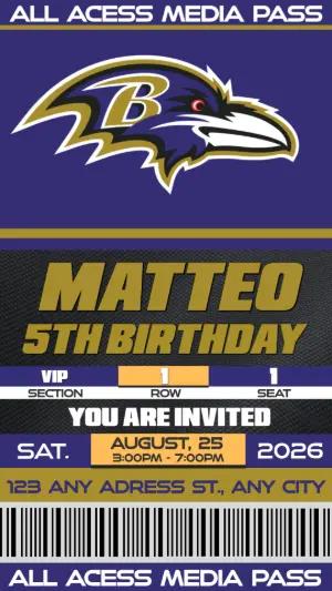 Editable Football VIP Pass Birthday Invitation Baltimore Ravens