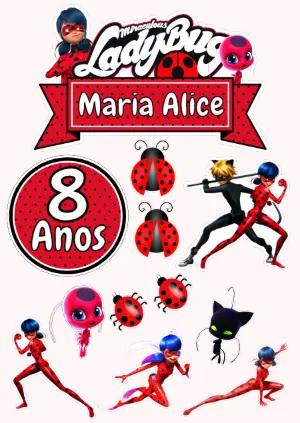 Topo de Bolo Aniversário Ladybug e Cat Noir para Editar