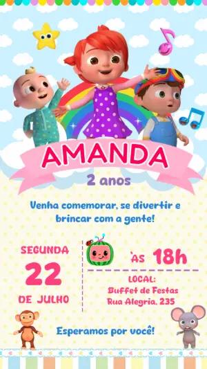 Convite Aniversário Cocomelon com Personagens para Editar Online