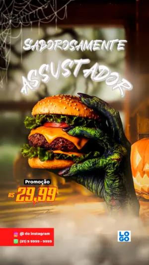 Arte de Halloween para Hamburgueria: Crie seu Post Editável