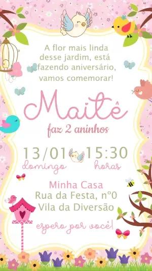 Convite Aniversário Jardim dos Pássaros Rosa Modelo Editável