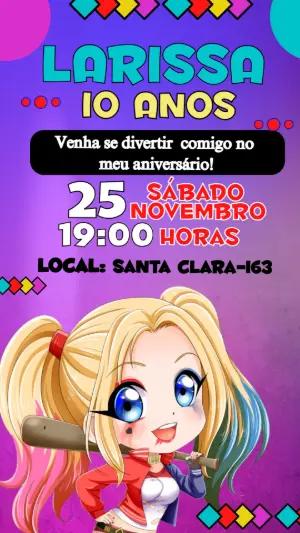Convite de Aniversário Arlequina Fofa Modelo Editável