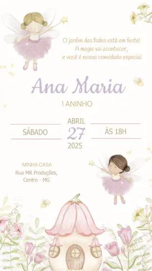 Convite Aniversário Jardim das Fadas Aquarela para Editar Online