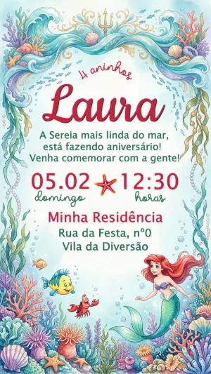 Convite de Aniversário Pequena Sereia em Aquarela Editável