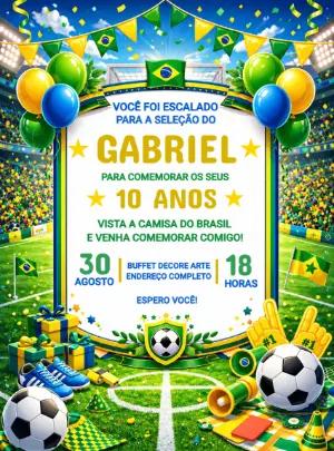 Convite de Aniversário Futebol Brasil Editável para Enviar