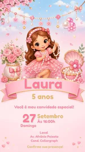 Convite Aniversário Menina Joias e Pérolas Editável