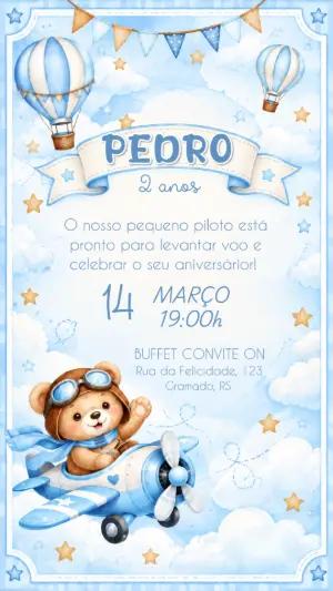 Convite de Aniversário Ursinho Aviador para Editar Online