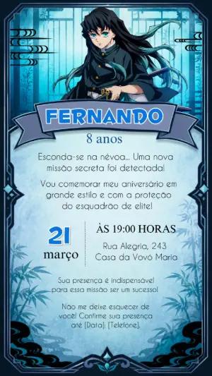 Convite de Aniversário Muichiro Demon Slayer Editável