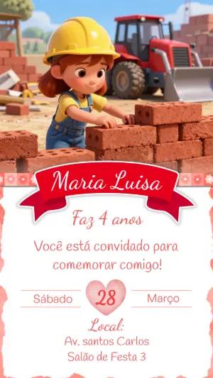 Convite de Aniversário Menina Construtora Modelo Editável