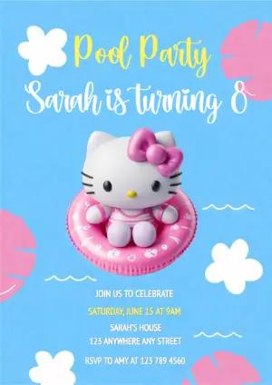 Cute Kitty Pool Party Birthday Invitation - Editable Template