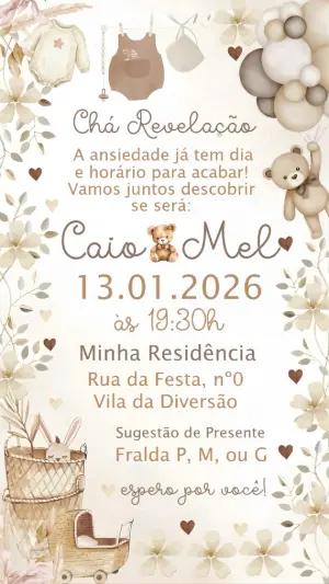 Convite Chá Revelação Boho Ursinho Aquarela para Editar