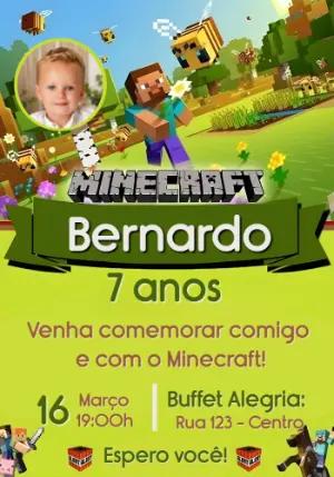 Convite de Aniversário Minecraft com Foto para Editar