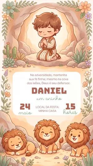 Convite Aniversário Bíblico Daniel e os Leões Editável