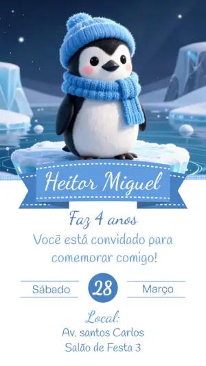 Convite de Aniversário Pinguim Fofo no Gelo para Editar