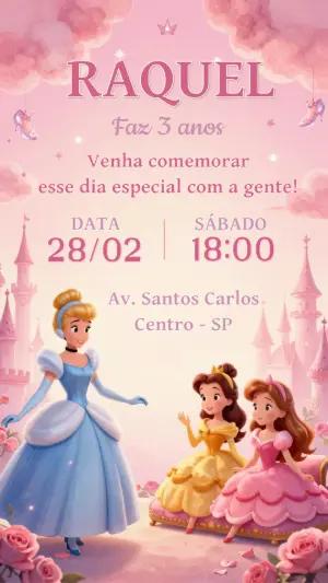 Convite de Aniversário Princesas Rosa Sonho Encantado Editável