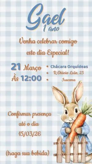 Convite de Aniversário Infantil Coelhinho Xadrez Azul Editável